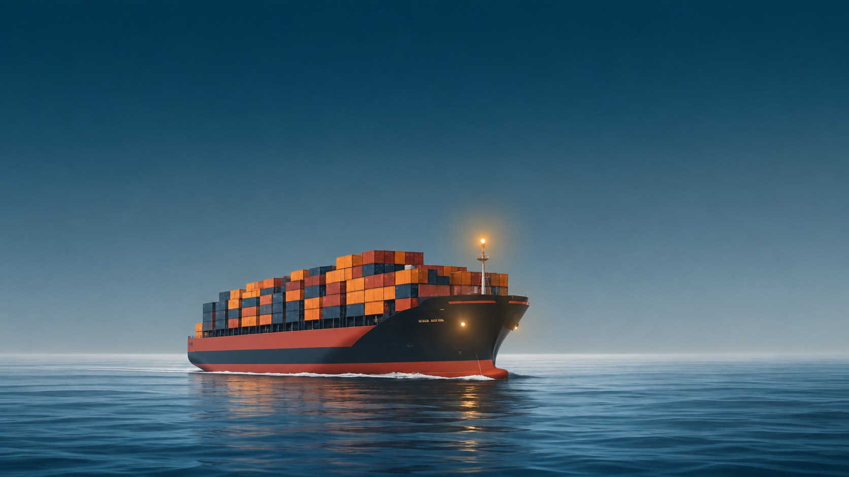 Container ship crossing calm waters at dusk
